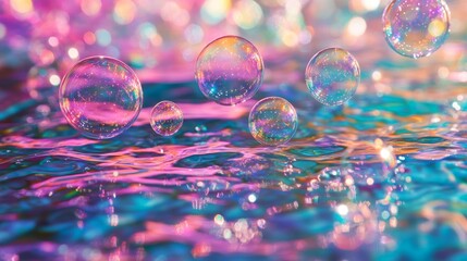 Iridescent Soap Bubbles Floating Above a Shimmering, Multicolored Surface