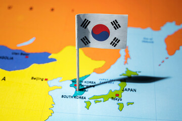 a map of south korea with the national flag of south korea on it