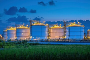 Wall Mural - Industrial Storage Tanks at Dusk with Grass in Foreground