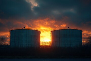 Wall Mural - Two Silhouetted Industrial Storage Tanks at Sunset