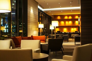 Poster - Contemporary hotel lobby lounge under soft evening lighting.