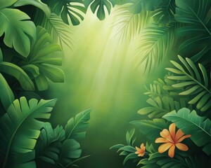 Wall Mural - Lush green foliage illuminated by soft sunlight, creating a serene and peaceful jungle atmosphere with vibrant blossoms.