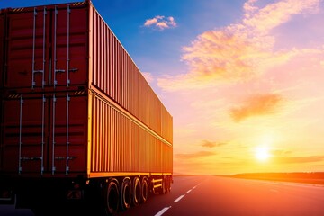 Shipping container truck on open road during sunset, symbolizing logistics and transportation.