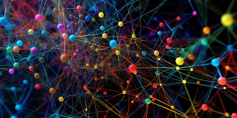 Wall Mural - Complex network of interconnected nodes forming a network on black background