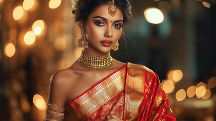 Beautiful indian woman posing in traditional red sari dress and gold jewelry