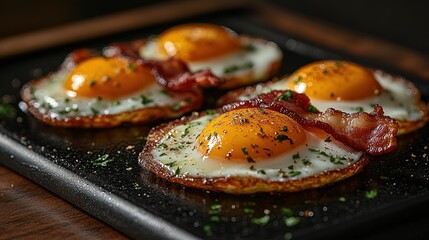 Wall Mural - Close-up of perfectly fried eggs and bacon,  a delicious breakfast