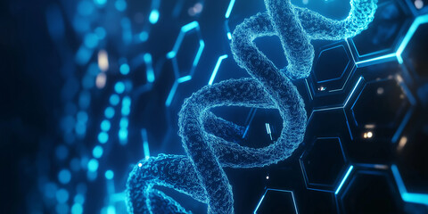 Poster - Blue dna strand glowing surrounded by hexagons background