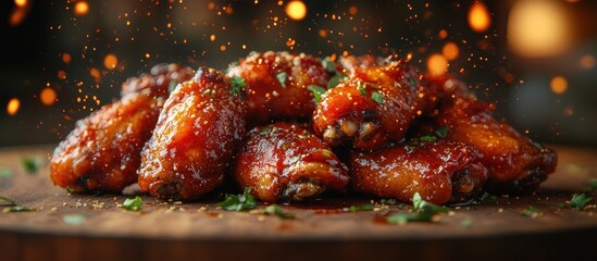 Wall Mural - Close-Up of  Chicken Wings on a Wooden Board