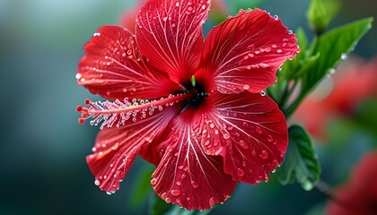 Vibrant red hibiscus flower adorned with dew drops, showcasing natures exquisite beauty and intricate petal details