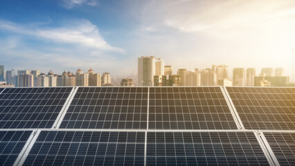 A city skyline with a large solar panel on top