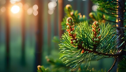 Wall Mural - Serene close-up of lush green pine needles and delicate cones illuminated by soft sunlight, revealing intricate textures and calming beauty.