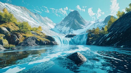 Wall Mural - Waterfall Cascading into Mountain Lake