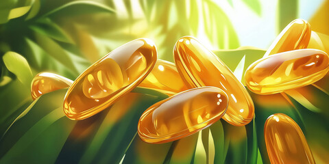 Golden omega 3 fish oil capsules sitting on green leaves