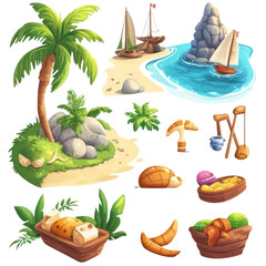 Poster - A tropical island with palm trees, a boat, and a rock