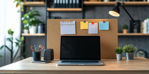 Poster - Modern freelancer workplace with laptop showing blank screen at home office