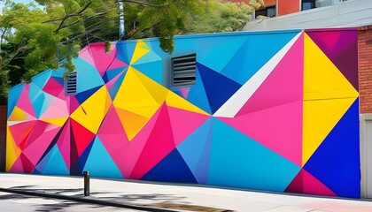 Vibrant geometric mural bursting with bright pink, yellow, and blue colors for artistic urban design inspiration