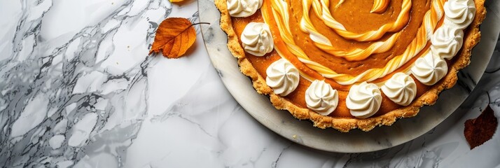 Poster - Autumn-inspired pumpkin cheesecake swirl pie topped with whipped cream on a stylish marble platter, showcasing a creative Thanksgiving dessert idea captured from above, allowing space for text.