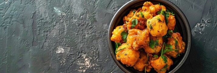 Canvas Print - Vegetable Pakora, a popular Asian appetizer, presented in a gray bowl on a concrete surface.