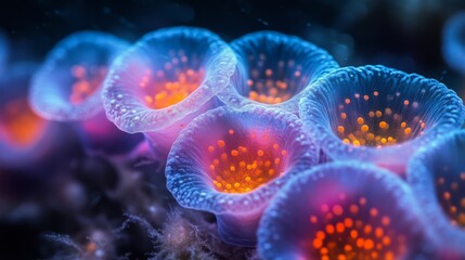 Close-up of vibrant coral polyps with glowing colors, underwater photography. Marine biology and oceanic beauty concept