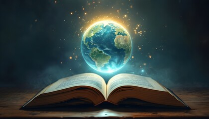 Wall Mural - Enchanted book with a radiant Earth floating above, embodying the essence of knowledge and global consciousness