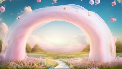 whimsical pastel fantasy landscape with magical arch