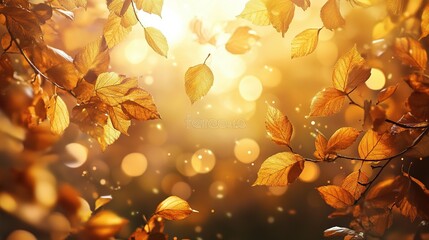 Wall Mural - Golden Autumn Leaves with Sunlit Bokeh Background