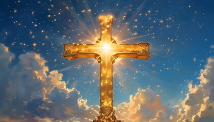 Heavenly golden cross radiating hope and spiritual enlightenment against a luminous sky