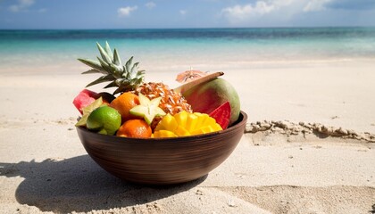 tropical fruit bowl at sea beach