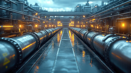 gas pipeline pipes, large industrial petrol station, heating, gas transmission over distance, water supply, equipment, technology, engineering, oil, chemistry