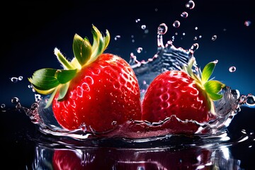 Several ripe wet red strawberries on white or colored background with splashes of water
