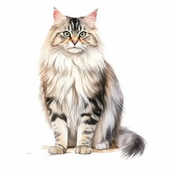  Watercolor Illustration of a Fluffy Maine Coon Cat Portrait, Perfect for Pet Lovers and Animal-Themed Art Decor