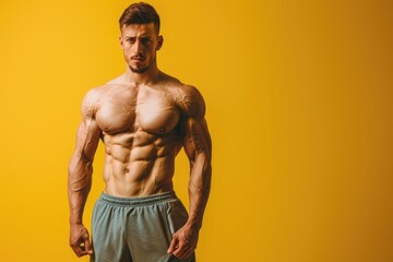 Wall Mural - Fit man with a defined, muscular body and a focused mind, solid color background, perfect for promoting gym services that emphasize holistic fitness