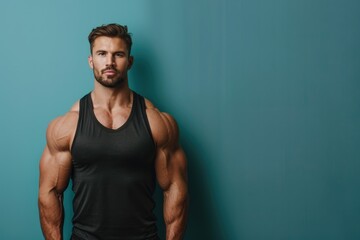 Wall Mural - muscular man confidently presenting with a solid color backdrop, highlighting his fit physique and p
