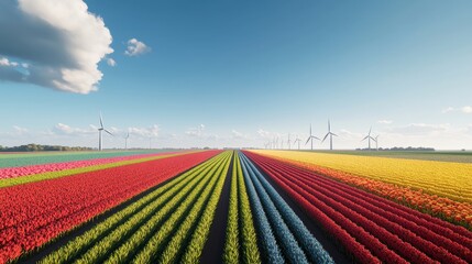 Vibrant rows of colorful tulips stretch across a field, with wind turbines in the distance and a single cloud in the sky.