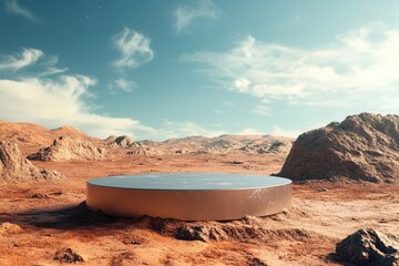 Wall Mural - A sleek podium on Mars, with rugged terrain and a vibrant blue sky, perfect for highlighting products in a unique setting