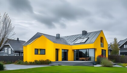 Wall Mural - Vibrant yellow house contrasts strikingly against gray surroundings, embodying individuality and uniqueness in real estate.