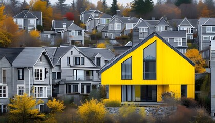 Wall Mural - Vibrant yellow house contrasts strikingly against gray surroundings, embodying individuality and uniqueness in real estate.