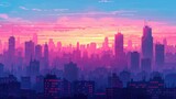 A city skyline with a pink and purple sunset in the background