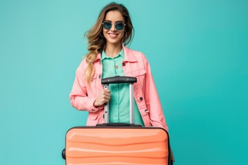 Elegant lady traveler with suitcase, solid color background