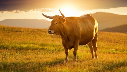 a majestic golden bull stands alone in a vast sun kissed meadow its horns gleaming in the warm light 3