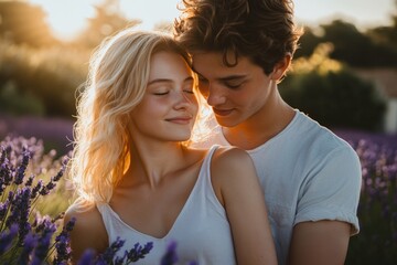 High-resolution brightly lit photorealistic candid photograph of a young couple standing close, enjoying a peaceful moment in a lavender field. The photograph is styled like a premium lifestyle