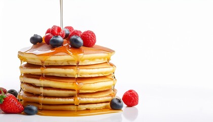 Wall Mural - familysized stack of fluffy pancakes syrup pouring berries on top perfect breakfast golden and delicious isolated white background copy space