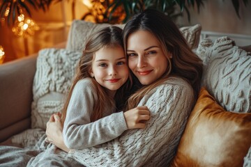 Wall Mural - High-resolution brightly lit photorealistic candid photograph of a loving mother and daughter bonding in a cozy, beautifully decorated living room. The photo is styled like a premium lifestyle