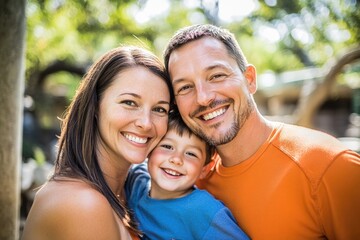 Wall Mural - High-resolution brightly lit photorealistic candid photograph of a father, mother, and son smiling together at the zoo, with a soft and creamy bokeh background. The photograph is styled like a