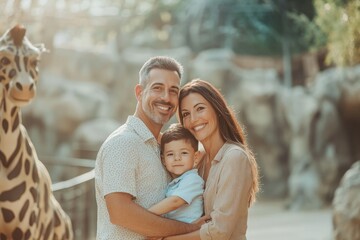 High-resolution brightly lit photorealistic candid photograph of a father, mother, and son posing in front of a zoo exhibit, with a soft, creamy bokeh background. The scene is styled like a high-end