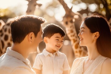 Wall Mural - High-resolution brightly lit photorealistic candid photograph of a father and son sharing a moment while the mother watches with a smile, set against a zoo backdrop with a soft, creamy bokeh