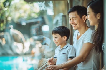 Wall Mural - High-resolution brightly lit photorealistic candid photograph of a father, mother, and son standing by a zoo exhibit, smiling together with a soft, creamy bokeh background. The scene is styled like a