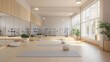 © fotofabrika - Modern yoga studio with natural light, calm atmosphere, and exercise equipment for wellness practices in a serene urban setting
