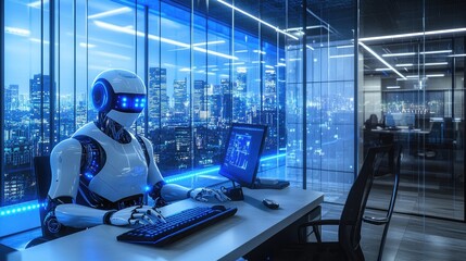 Ultra-high resolution image of a humanoid robot in a modern office building with transparent glass walls, blue LED lighting. The robot is sitting at a desk, using a keyboard and monitor, with a