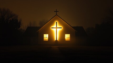 A church with a cross illuminated by a radiant light from behind, casting an ethereal glow at night, symbolizing a miraculous presence.